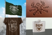 Hunting and fishing mockups concept with vintage hunting badges using for printing on leather surface, flag, hip flask and t-shirt designs 