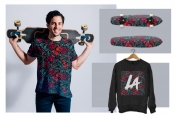 Retro tattoo pattern mockups composition with colorful pattern printing on skateboard, t-shirt and jumper