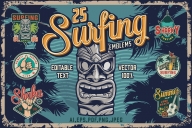 Old school style colorful surfing designs cover with Hawaiian tribal tiki mask, palm trees and different emblems 