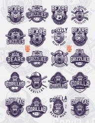 Vintage monochrome style sport clubs badges set with angry gorilla and bear mascots, crossed hockey sticks, joystick and baseball bats