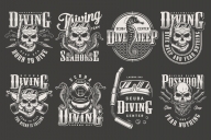 Vintage monochrome style diver labels collection with skull in scuba mask and snorkel, diving equipment, seahorse, Poseidon tridents on dark background