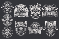 Vintage firefighter emblems collection with crossed axes, eagle wings, crossbones and skulls in fireman helmet in monochrome style