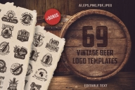 Vintage beer designs cover with realistic wooden barrel of beer and monochrome style emblems and badges