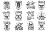 Vintage vaping monochrome style labels set with skull in baseball cap, hipster and panama hats, vaporizer, electronic cigarettes and smoking pipes