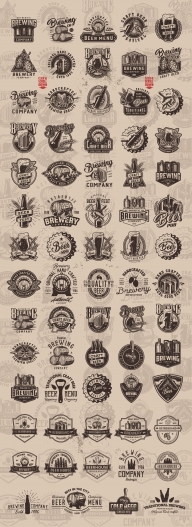 Vintage monochrome style beer designs big set with brewing emblems, badges, prints and labels on light background