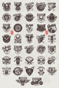 Vintage custom motorcycle designs collection with moto labels, emblems, badges, prints in monochrome style on light background
