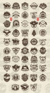 Vintage outdoor recreation monochrome style emblems with animals, forest and mountain landscapes, camping tools and accessories, campfire, travel truck, canoe boat