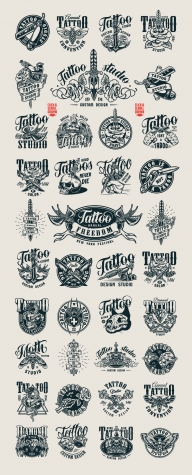 Monochrome style tattoo designs with vintage badges, prints, labels and emblems on light background