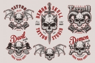 Vintage demon tattoo studio prints set with horned devil skulls, crossed axes, bones, tattoo machines and sword on light background