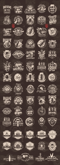 Old school style beer prints collection with beer glasses, mugs, bottles, metal cans, caps, beer wooden casks, hop cones, wheat ears, brewing machine, bottle opener and other elements on dark background