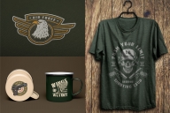 Army and military mockups concept with the old school style labels printing on metal cups, soldier shoulder straps and t-shirt