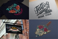 Retro tattoo designs mockups with vintage labels using for the creation of tattoo studio signboard and for printing on paper and t-shirt
