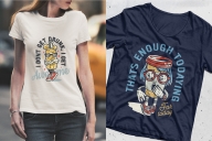 Vintage colorful college emblems of stylish bottle in paper bag and yawning coffee cup characters printing on female t-shirts