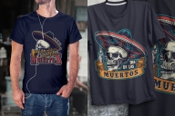 Colorful Day of the Dead mockups composition with vintage emblems of skulls in sombrero hat, trumpet and burning candle printing on t-shirts