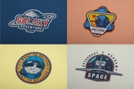 Set of space themes patches with shuttle and astronaut. Collection of vector art. Editable text, EPS, JPG, PDF, PSD, AI, PNG files. 