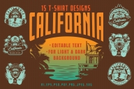 Vintage summer California State emblems cover with surfing house and skateboarding designs. Vector art