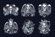 Six Chicano tattoo style designs created using vector illustrations of Chicano girls, skulls, gangster and tattoo elements