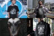Examples of usage Chicano tattoo style designs on four t-shirt mockups with tattooed men with urban background