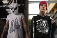Examples of usage Chicano tattoo style designs on three t-shirt mockups with tattooed men with industrial background