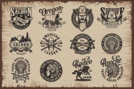 Wild West designs collection with different emblems, badges and prints in monochrome style