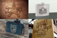 Vintage Wild West designs printing on wooden surface, metal flask and business card