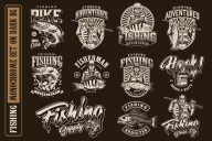11 fishing monochrome designs on dark background with different vector illustrations and tex