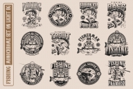 12 fishing monochrome designs on light background with different vector illustrations and text