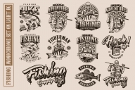 11 fishing monochrome designs on light background with different vector illustrations and text
