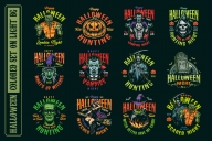 12 Halloween colored designs on dark background with different vector illustrations and text