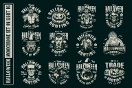 12 Halloween monochrome designs on dark background with different vector illustrations and text