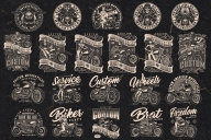 21 motorcycle black and white designs on dark background with different vector illustrations and text
