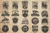 20 motorcycle black and white designs on light background with different vector illustrations and text