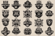 20 Sport black and white logos on light background with different vector illustrations and text