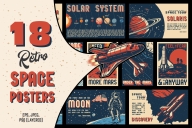 18 Retro space posters bundle cover with different illustrations and text