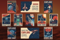 11 Retro space colored posters on dark background with different vector illustrations and text