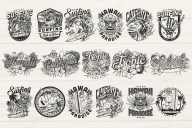 17 Surfing black and white designs on light background with different vector illustrations and text