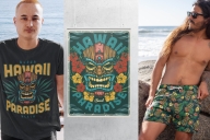 Surfing illustrations on different apparel and poster mockups