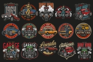 15 Custom cars colored designs on dark background with different vector illustrations and text
