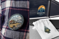 Different Camping badges on apparel mockups