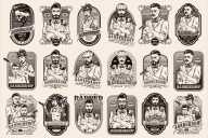 18 Barbershop black and white designs on light background with different vector illustrations and text