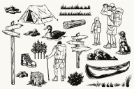 Camping black and white illustrations on light background