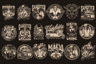18 Mafia black and white designs on dark background with different vector illustrations and text