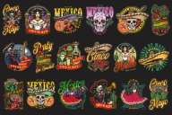 18 Cinco de Mayo colored designs on dark background with different vector illustrations and text