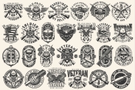 26 Military black and white designs on light background with different vector illustrations and text