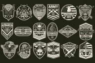 18 Military black and white badges on dark background with different vector illustrations and text