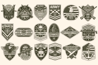 18 Military black and white badges on light background with different vector illustrations and text