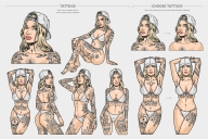6 girl poses with tattoos and 2 girl poses showing the opportunity to turn on particular tattoos