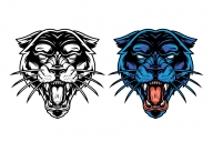 The old school style design of ferocious black panther head in color and monochrome versions on white background