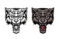 Vintage design of ferocious angry wolf head in color and monochrome versions