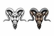 Vintage angry goat heads in color and monochrome versions on white background